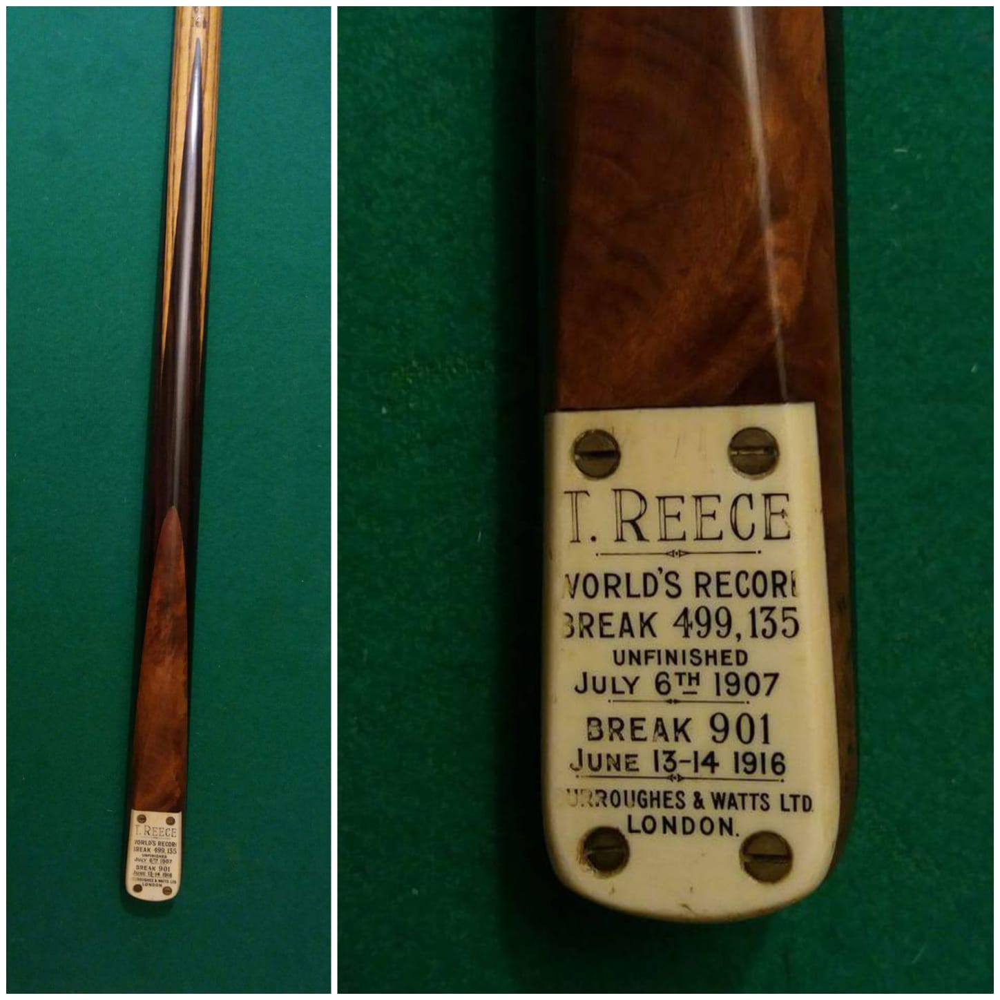 T Reece Worlds Record 1916 cue