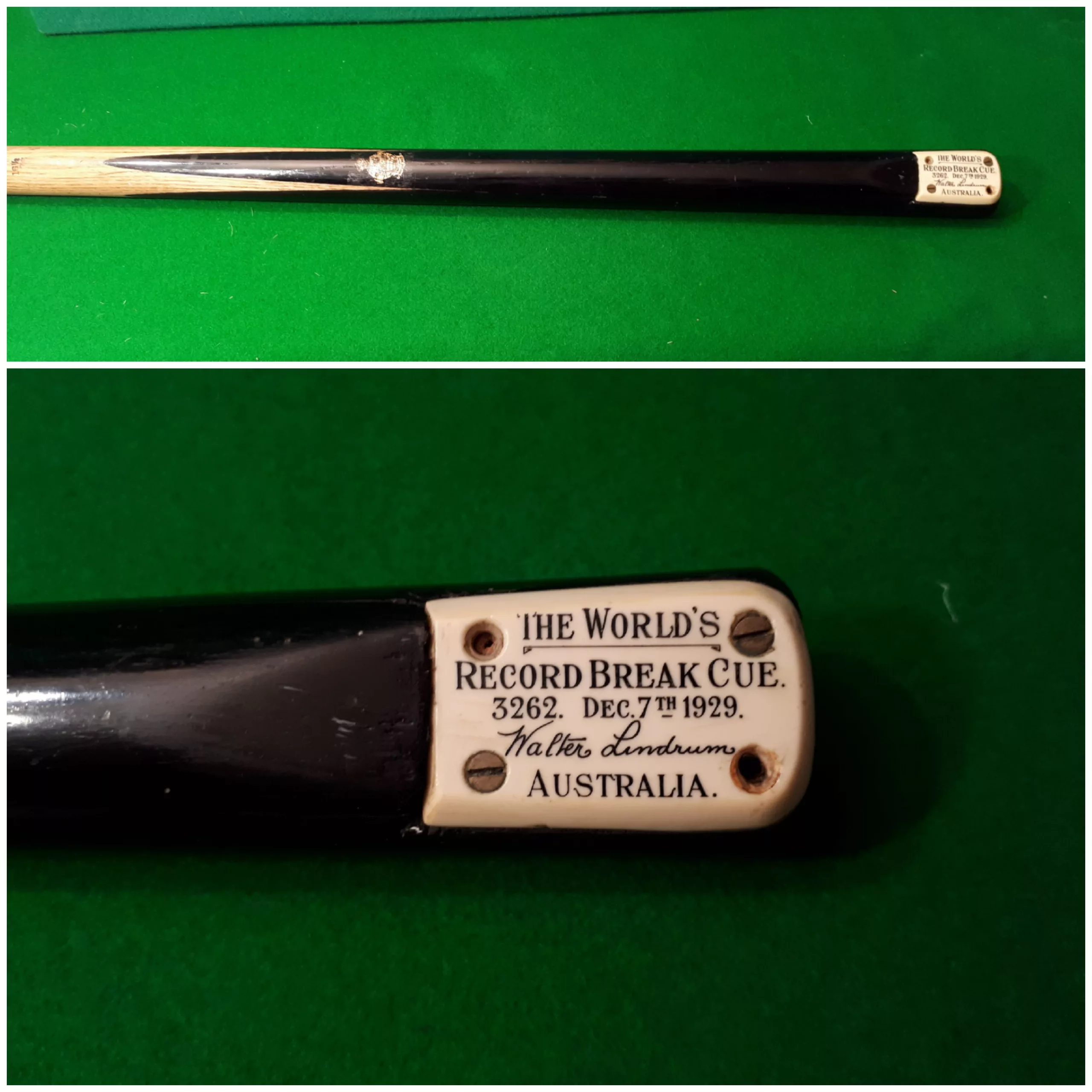 Walter Lindrum Worlds Record cue 1929