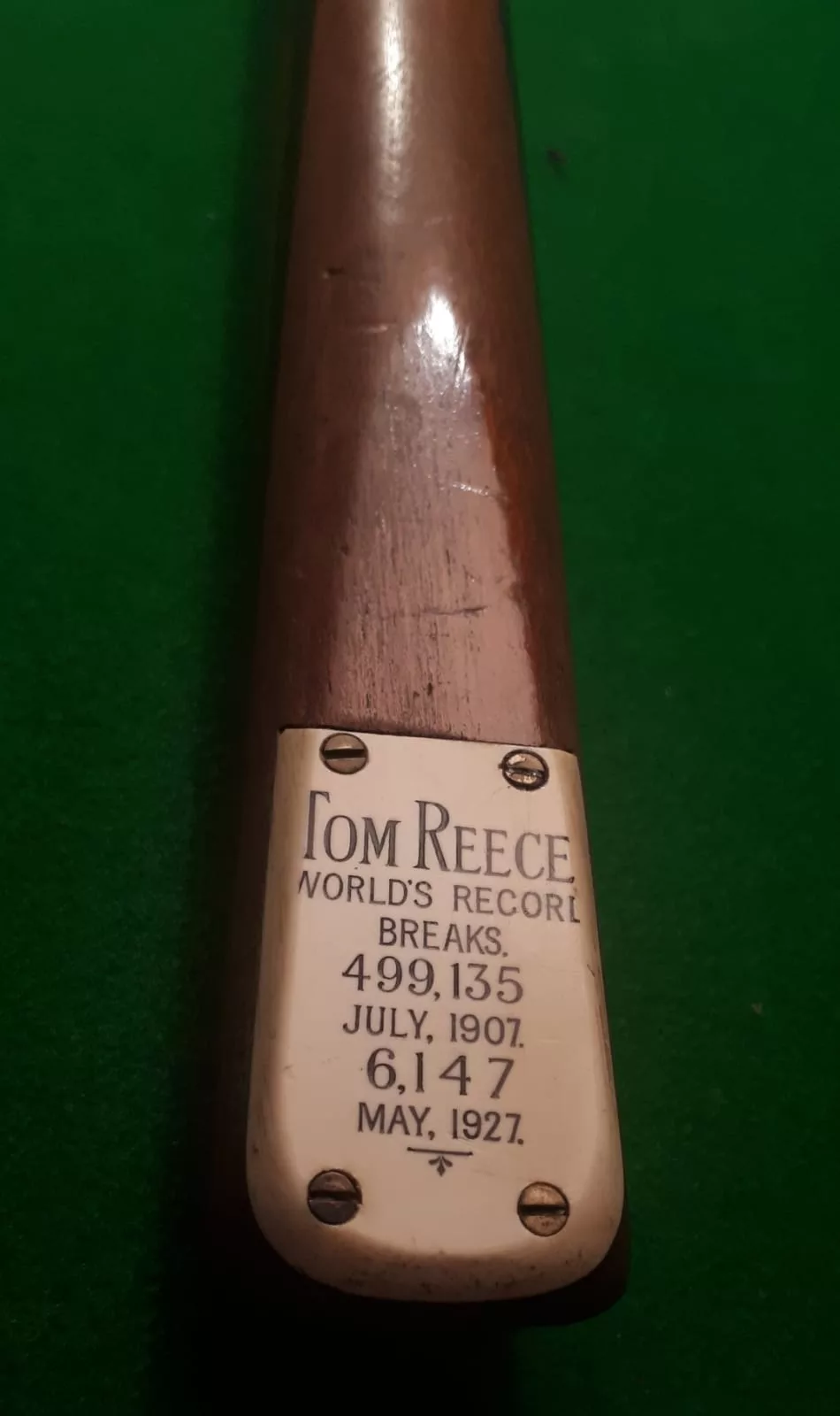 T Reece Worlds Record 1927 cue