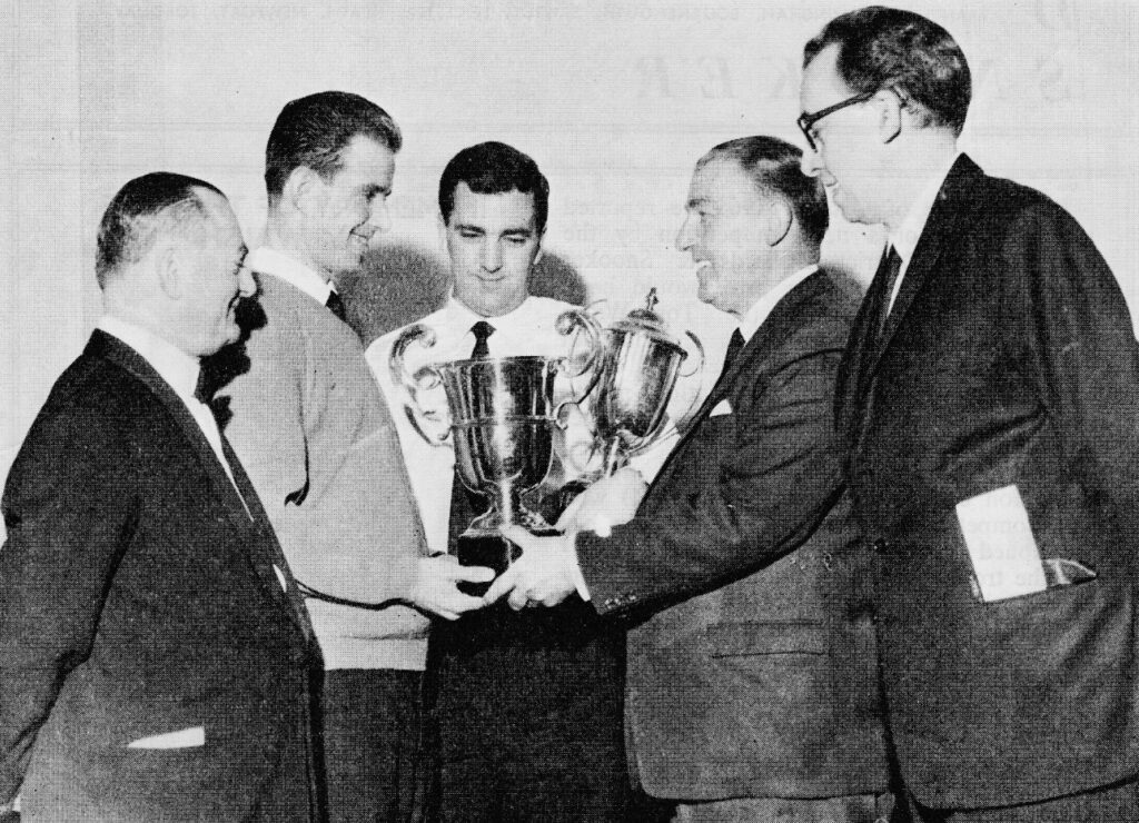 L to R-Len Oldham, Secretary, Huddersfield Association, who refereed the match; John Spencer, the newchampion; Marcus Owen, runner-up; Mr. Victor Muff, and Kenneth Birks, Chairman, Huddersfield Association.